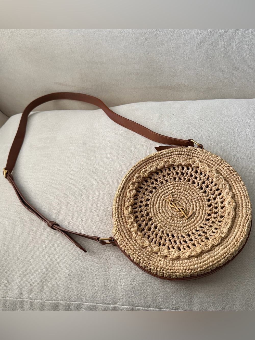 Yves Saint Laurent Woven Beige Round Raffia Crossbody Bag